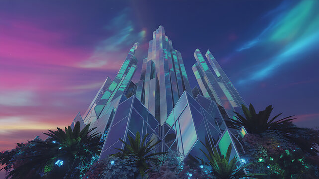 Futuristic crystal skyscraper against a dramatic purple and blue sky building architecture