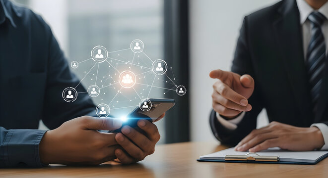 Business Professionals Using a Smartphone Displaying Network Connections and Digital Interactions for Collaborative Project Discussions