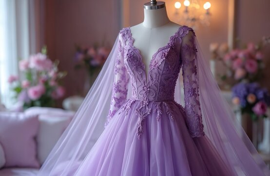 Purple wedding dress on mannequin in luxury room. Elegant bridal gown with lace sleeves, tulle skirt. Beautiful floral embroidery, intricate details. Soft pink flowers, chandelier in background.