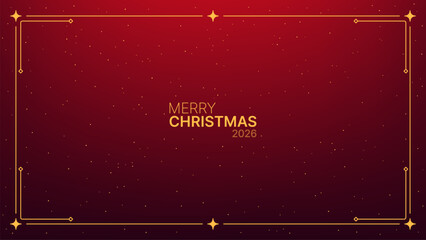 Merry Christmas 2026 text with ornate gold frame on a festive red background with stars, a holiday greeting card design. © hiten666