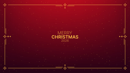 Merry Christmas 2026 text with a golden frame and star ornament. Holiday greeting card design for upcoming winter celebration. Festive background.