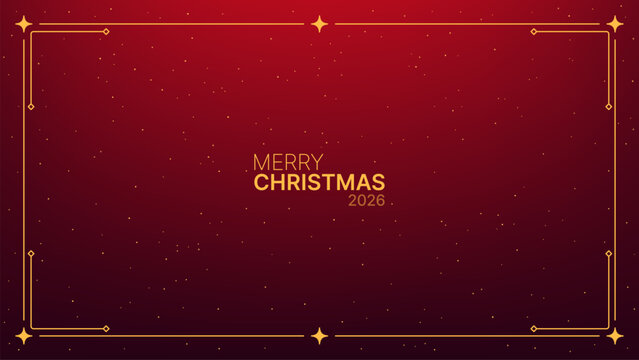 Merry Christmas 2026 text with ornate gold frame on a festive red background with stars, a holiday greeting card design.