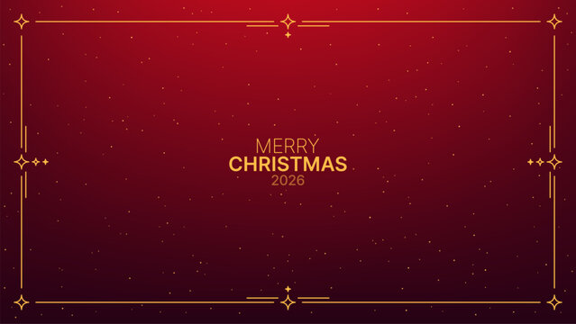 Merry Christmas 2026 text with a golden frame and star ornament. Holiday greeting card design for upcoming winter celebration. Festive background.