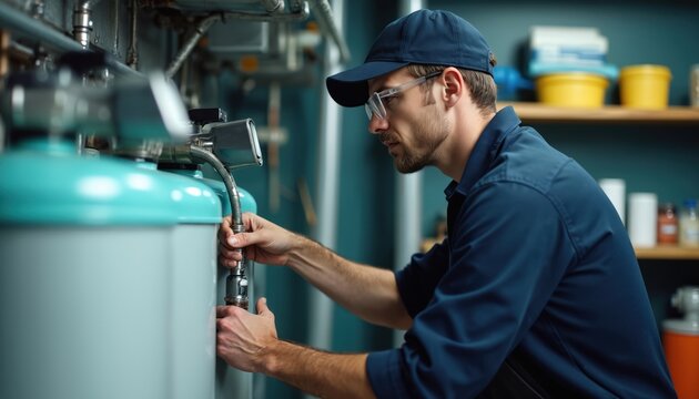 Skilled plumber in blue uniform adjusts pipes on water softener system. Technician performs maintenance, checking connections. Provides home service for better water quality, ensuring efficient