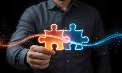 Businessman Holding Glowing Puzzle Pieces with Energy Trails Against Dark Background, Concept of Solutions