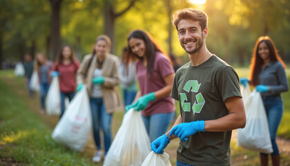 Diverse young volunteers pick up rubbish in park. They wear gloves and hold garbage bags cleaning nature. Smiling man in recycling shirt leads eco team showing community service outdoors at sunset.