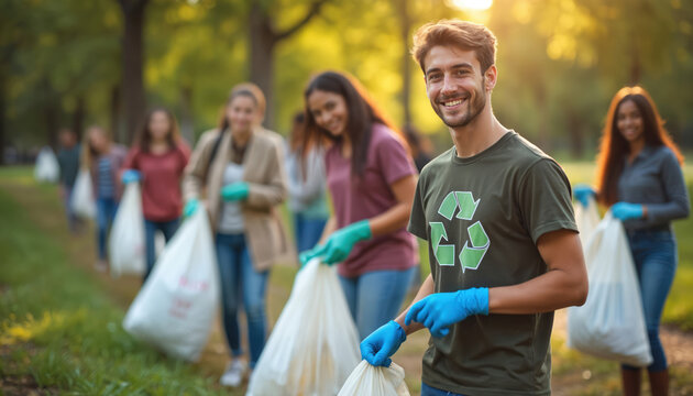 Diverse young volunteers pick up rubbish in park. They wear gloves and hold garbage bags cleaning nature. Smiling man in recycling shirt leads eco team showing community service outdoors at sunset. - Powered by Adobe
