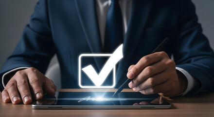 Man Signs Digital Contract on Tablet for Business Approval in Formal Attire, Illustrating Technological Advancement