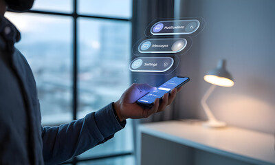 Man Interacting with a Futuristic Holographic Interface on a Smartphone, Showing App Icons in a Modern Interior