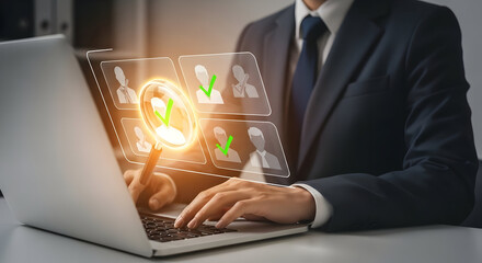 Businessman Reviews Candidates Online: Human Resources Concept with Laptop and Digital Interface