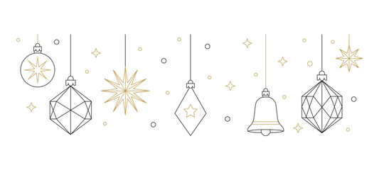 Minimal Line Art Christmas Ornaments Hanging Decoration with Stars and Bells in Elegant Outline Style Vector Illustration for Holiday Season Design