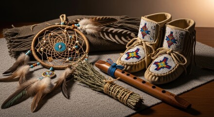 Native American heritage displayed: intricate dream catcher, traditional beaded moccasins, sacred wooden flute, cleansing sage bundle, indigenous history celebration