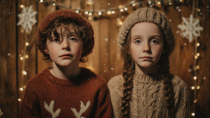 Fototapeta premium 朝の柔光と電球色が交差する木壁前で三人の子どもが微笑む