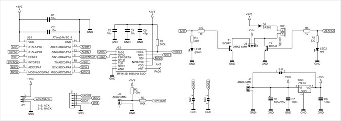 Fototapeta premium Schematic diagram of electronic device on white background. Vector drawing electrical circuit with microcontroller, led, connector, resistor, gate of integrated circuit, capacitor, other components.