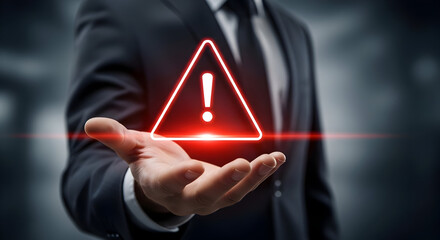 Man in Suit Offers Warning with a Glowing Red Exclamation Point Triangle in His Hand, Creating Sense of Caution and Danger