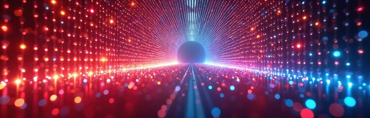 Glowing red and blue lights form futuristic tunnel with bright central sphere. Neon dots create vibrant radiant effect. Lines of light converge towards center. Dark background with bokeh effect.
