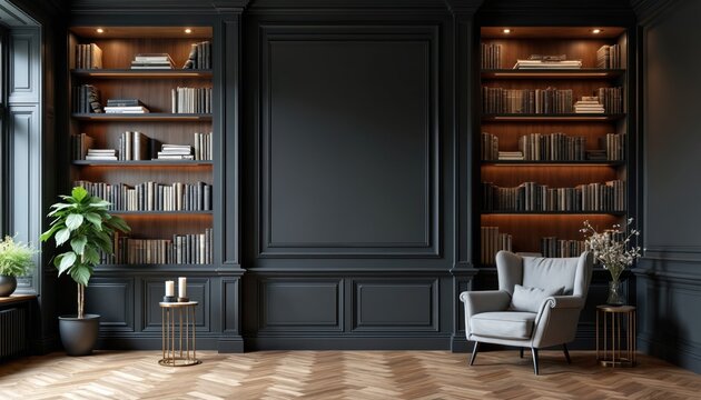 Elegant library room with dark paneling, shelves. Bookshelves with books on either side of empty wall panel. Comfortable gray armchair with small tables, plants. Wooden floor in herringbone pattern.