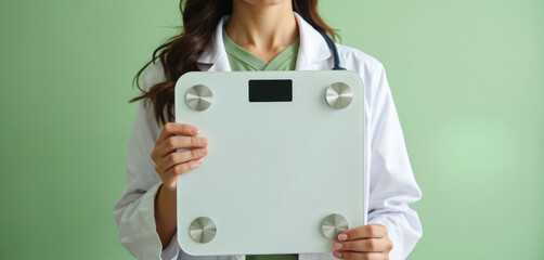 Doctor holds digital body weight scale. Medical pro offers healthcare analysis for body composition and fitness. Woman in lab coat uses smart device for measurement.