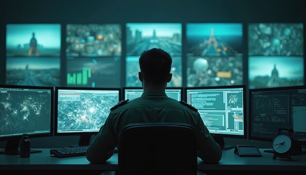 Officer monitors city on several screens. The man analyzes digital data in cyber control center. Cyber security specialist at work uses modern tech, surveillance equipment. Technology concept