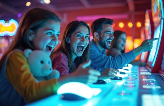 Family of four plays video games together. Mom, dad, two daughters have fun in arcade. People enjoy playing joystick games. Family bonding time in entertainment center. Happy family leisure activity. - Powered by Adobe