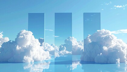Three vertical, transparent rectangles are superimposed on a scene of fluffy white clouds and blue sky reflected in water.