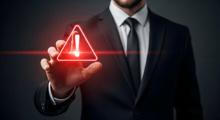 Manager Touching a Glowing Red Warning Sign for Business Strategy and Hazard Prevention (85 Characters)