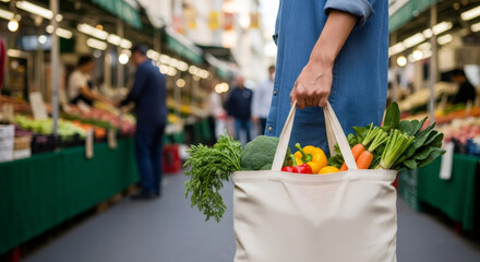Woman holding a reusable textile bag full of fresh vegetables and fruit at a local outdoor marketplace. Healthy grocery shopping experience at a farmers market.