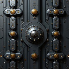 Fototapeta premium Close-up of dark grey spaceship hull with gold accents. Metallic surface features bolts, panels, and intricate details. Seamless pattern of sci-fi elements, futuristic design.