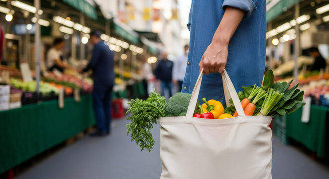 Woman holding a reusable textile bag full of fresh vegetables and fruit at a local outdoor marketplace. Healthy grocery shopping experience at a farmers market. - Powered by Adobe