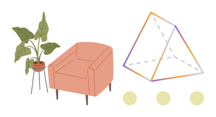 Orange armchair next to potted plant, geometric pyramid with gradient lines, and three minimalist dots. Ideal for interior design, calm environment, abstract thinking, relaxation, creativity