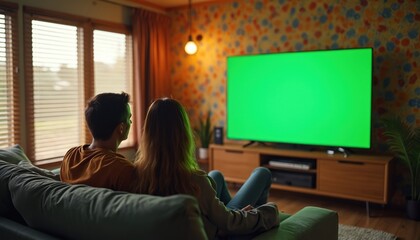 Couple watches television together on couch. Man and woman enjoy movie on big screen TV at home. They are relaxing in the living room. Green screen offers content addition.