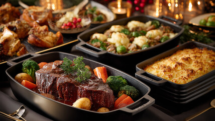 冬の拡張メニューとして赤ワイン煮と三種グラタンを同構図で配置し、温かな室内光で撮影