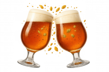 Two glasses of craft beer clinking with hops and malt, celebrating an achievement. Cheers concept, transparent background