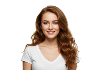 Attractive young woman with long wavy auburn hair isolated on transparent PNG, portrait of a smiling girl in a white t-shirt