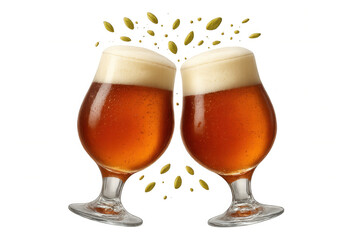 Two beer glasses clinking for a toast, celebrating with foam and hops on a transparent background