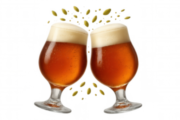 Two beer glasses clinking for a toast, celebrating with foam and hops on a transparent background