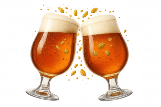 Two glasses of craft beer clinking with hops and malt, celebrating an achievement. Cheers concept, transparent background - Powered by Adobe