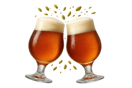 Two beer glasses clinking for a toast, celebrating with foam and hops on a transparent background