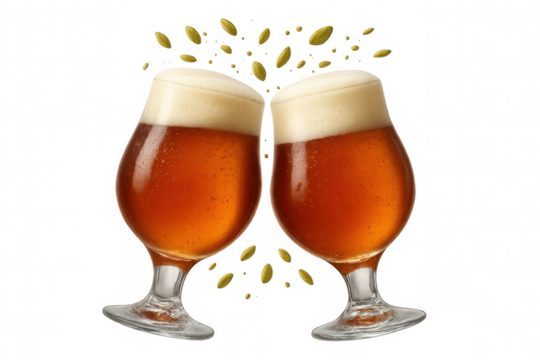 Two beer glasses clinking for a toast, celebrating with foam and hops on a transparent background