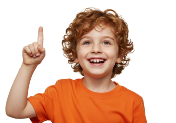 Happy red-haired boy in orange shirt pointing up isolated PNG, cheerful child with curly hair on transparent background, idea concept