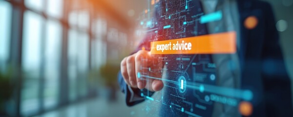 Businessman interacts with virtual screen displaying expert advice. Man touches orange button on digital interface. Modern tech for pro consulting, guidance shown in office space with blurred