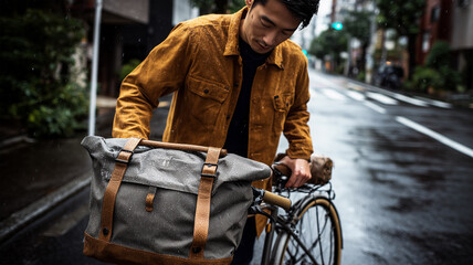 Obraz premium 男性が霧雨の朝に自転車通勤の途中で革トートへ雨用カバーを装着する