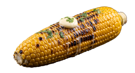 Delicious looking grilled sweetcorn with butter and parsley on transparent background