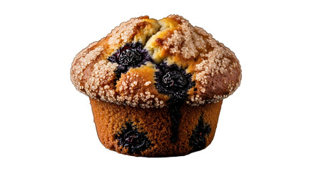 Golden blueberry muffin with sparkling sugar crystals on transparent background