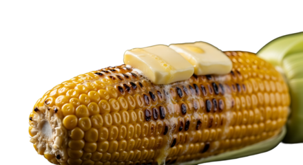 Mouthwatering grilled corn with melting butter, inviting on transparent background
