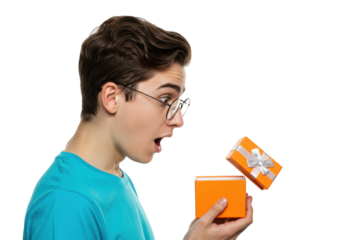 Surprised young man with glasses opening an orange gift box isolated PNG, excited expression and present for birthday or special occasion