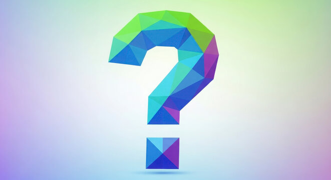 A colorful abstract low-poly question mark symbol representing uncertainty and inquiry