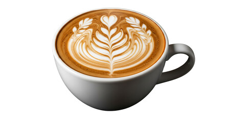 Artistic latte in white cup featuring beautiful latte art on transparent background