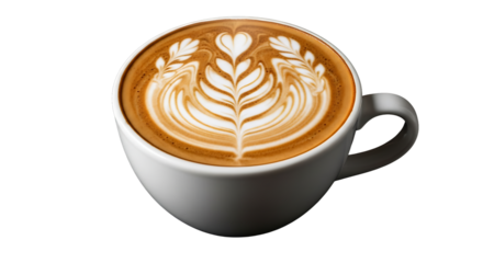 Artistic latte in white cup featuring beautiful latte art on transparent background