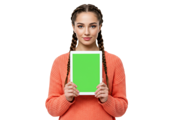 Smiling young woman with braids holding a tablet with green screen isolated PNG, cheerful female model for advertising and product presentation